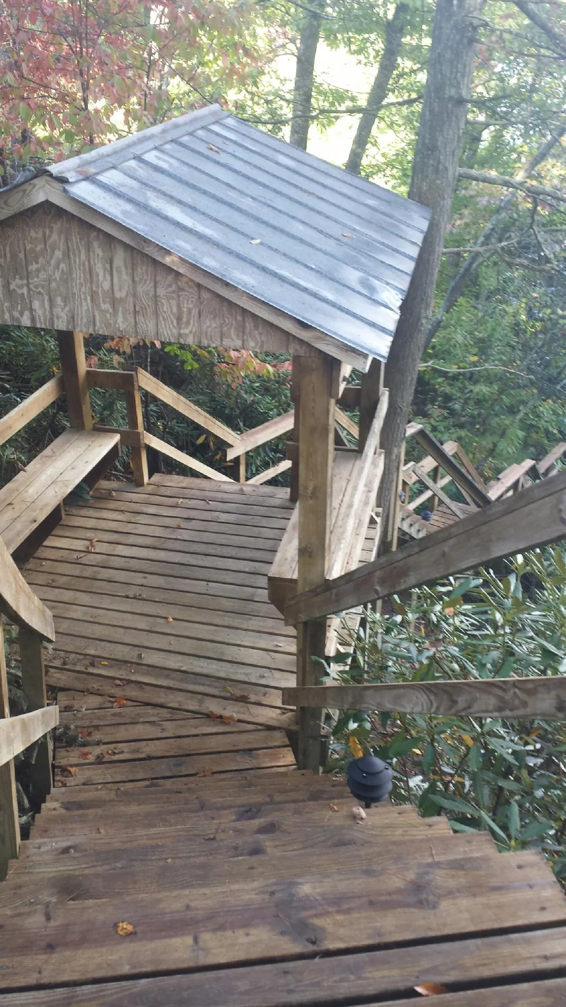 Metal roofed shelter over wooden steps on a wooded walkway — Skylight Repair & Installation work by our crew in Rockdale